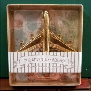 Our Adventure Begins Jet Airplane Bottle Opener Gold-tone New In Box 4"x3.5"